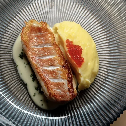 Морской окунь с красной икрой и картофельным пюре